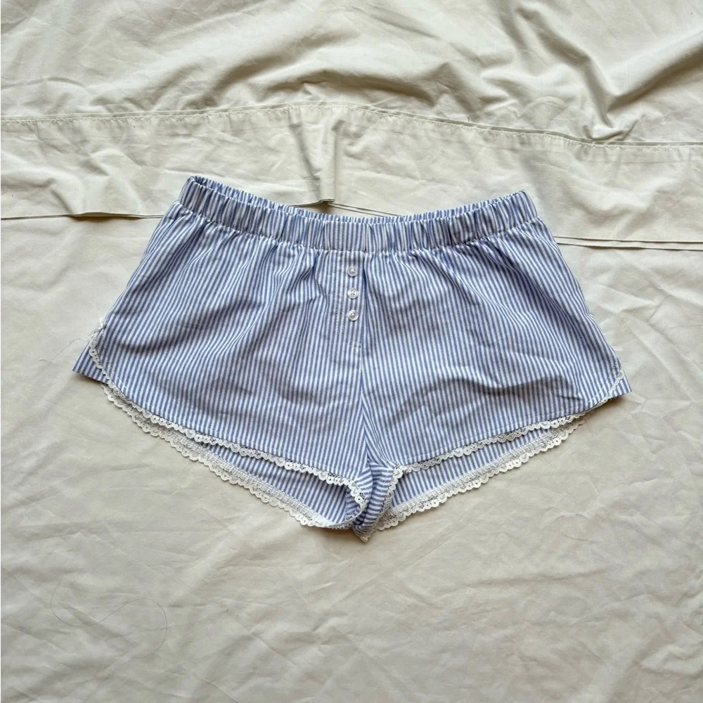 New blue and white pinstripe mini shorts boxers with coquette floral lace trim